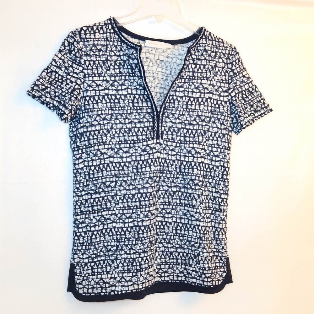 Tory Burch Nic Linen Tee Navy White Beaded V Neck XS - Picture 3 of 6